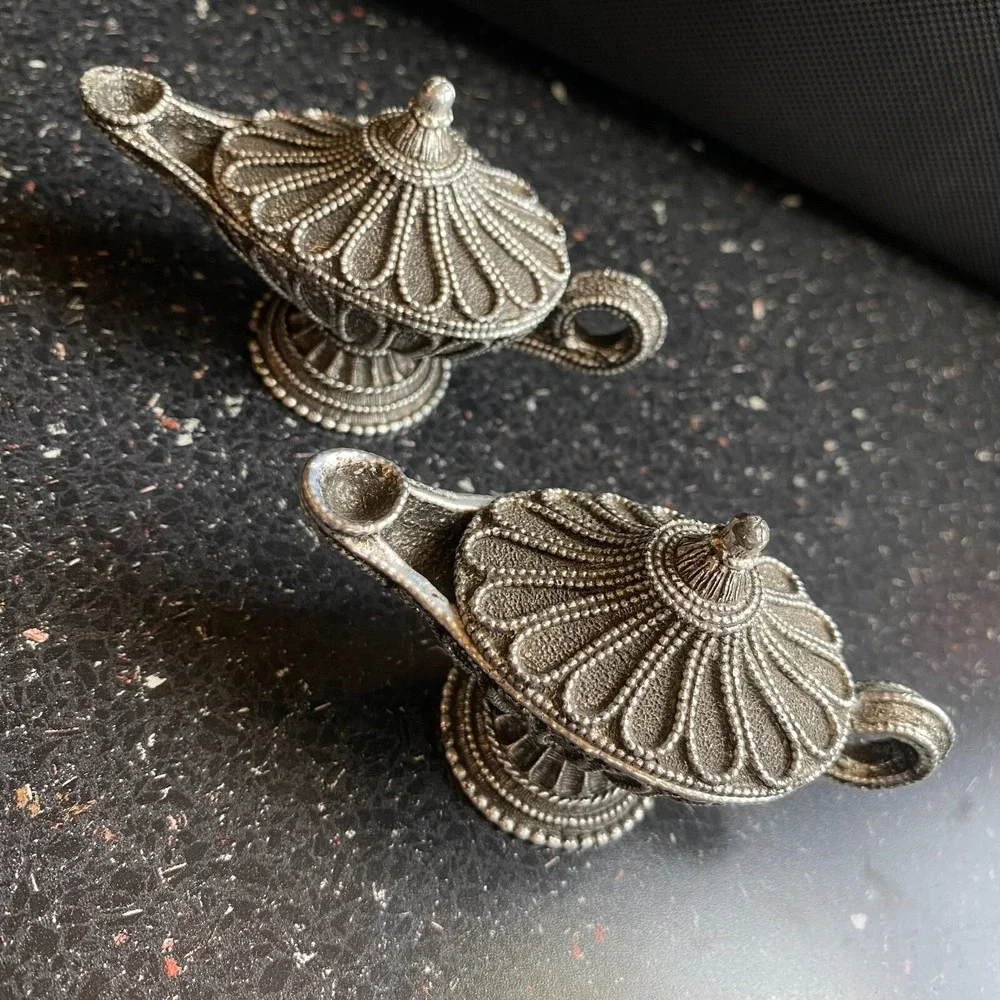Vintage Florenza Aladdin Genie Lamp Trinket Ring Pill Box Set of 2 Silver Tone